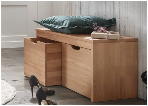 Sitzbank KIRSA 82 mit Schubladen in Kernbuche massiv, Gesamtansicht mit offener Schublade und grünem Kissen.