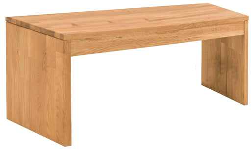Garderobenbank Sitzbank KIRSA 120 cm Wildeiche massiv in Gesamtansicht mit massiven Holzbeinen und durchgehender Sitzfläche.