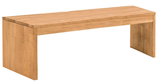 Garderobenbank KIRSA 160 cm Wildeiche massiv, Gesamtansicht von vorne mit durchgehender Holzplatte und massiven Seitenwangen.