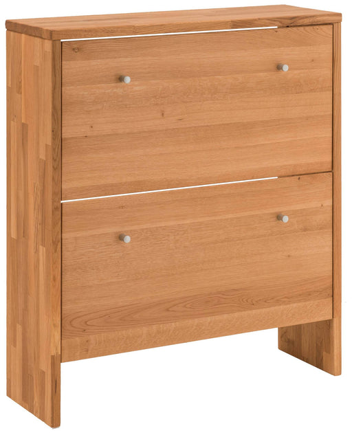 Schuhschrank Schuhkipper KIRSA mit zwei Klappen aus Wildeiche massiv, Gesamtansicht von vorne mit metallenen Griffen.