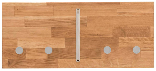 Wandgarderobe Hakenleiste KIRSA 50 cm Wildeiche massiv geölt mit vier silbernen Kugelknöpfen und Metallgriff.
