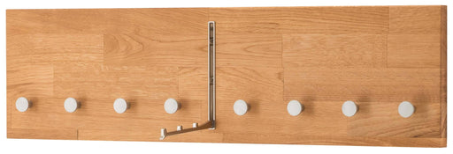 Hakenleiste Wandgarderobe KIRSA 80 cm Wildeiche massiv geölt mit acht weißen Knöpfen und Metallhaken in Gesamtansicht.