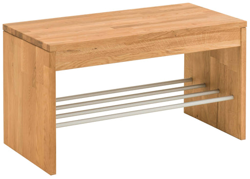 Garderobenbank KIRSA 82 mit Holzsitzfläche und Metallablage, Wildeiche massiv, Gesamtansicht von vorne.