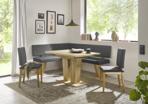Eckbank VERONA II 150x190 cm in Artisan Eiche mit grauem Kunstlederbezug, Gesamtansicht der Essgruppe mit Tisch und Stühlen.