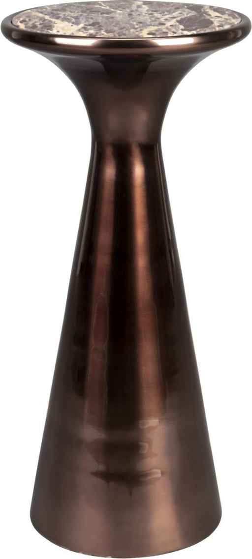 Beistelltisch MOUNT S mit konischer Aluminiumfuß in Bronze und runder Marmorplatte, Gesamtansicht.