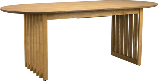 Esstisch BARLET ausziehbar mit ovaler Platte aus Eiche und geschwungenem Holzgestell, Gesamtansicht.