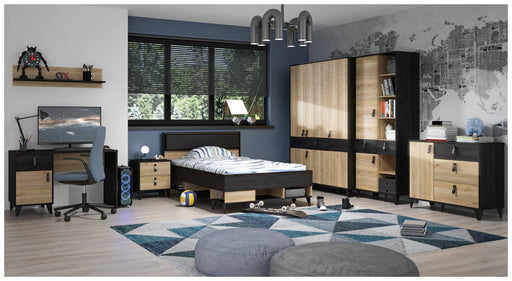 Jugendzimmer LYA mit 4-trg. Schrank, Bett, Schreibtisch und Regalen in Mauvella/Cabezone Eiche.