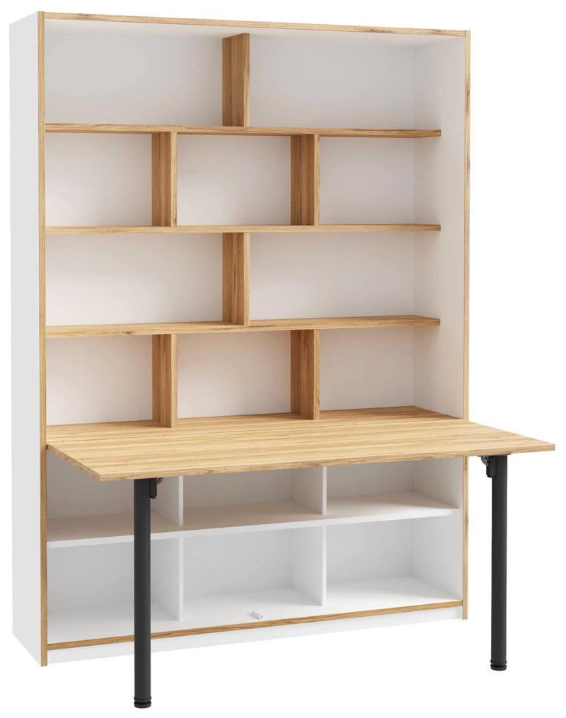 Bücherregal S-ROOM mit Klapptisch-Funktion in Weiß und Catania Eiche