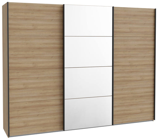 Kleiderschrank HIGH ROCK in Riviera Eiche Optik mit drei Schwebetüren, zwei Holztüren seitlich und mittlere Spiegeltür.