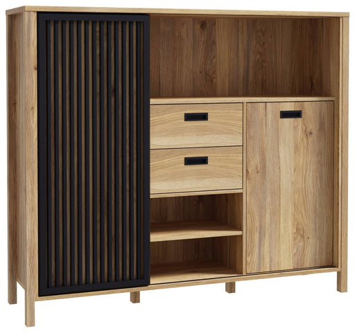 Highboard JYTANA mit vertikalen Lamellentür in Schwarz, Schränken und Schubladen in Mauvella Eiche Optik, Gesamtansicht.