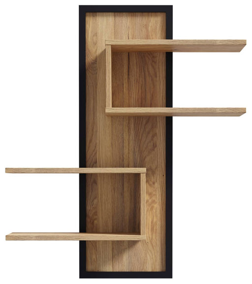 Wandboard JYTANA mit 4 Ablagen in Mauvella Eiche und Schwarz, Vorderansicht mit asymmetrisch angeordneten Holzregalen.