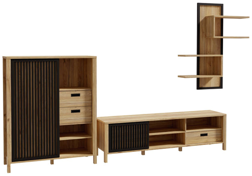 Wohnzimmer Wohnwand JYTANA 3-tlg. in Mauvella Eiche Optik/Schwarz mit Schrank, TV-Lowboard und Wandregal in Gesamtansicht.