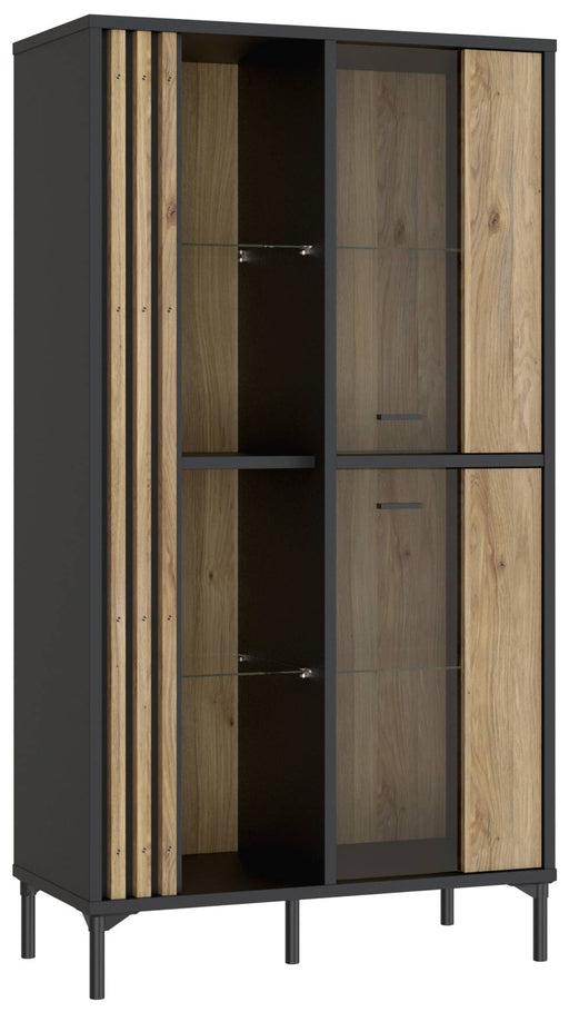 Highboard Vitrine JOAKIMIS in Schwarz und Mauvella Eiche Optik mit Glastüren und Holzrahmen, Gesamtansicht.