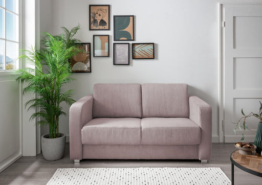 Schlafsofa Funktionssofa MIA Stoff Cord in Rosa mit getrennten Liegeflächen, Gesamtansicht im Wohnzimmer.
