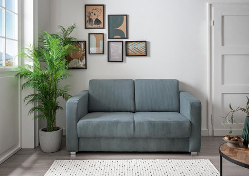 Schlafsofa Funktionssofa MIA Stoff Cord mit getrennten Liegeflächen in Hellgrau, Gesamtansicht im Wohnzimmer.