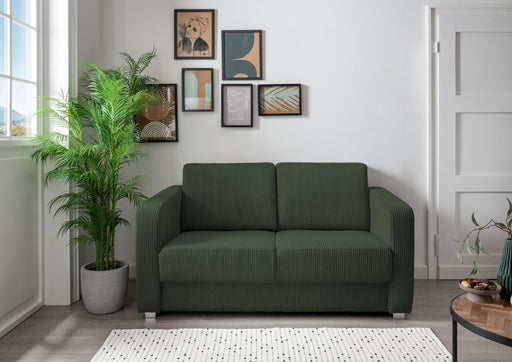 Schlafsofa Funktionssofa MIA Stoff Cord in Grün mit getrennten Liegeflächen, Gesamtansicht im Wohnzimmer.