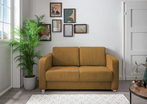Schlafsofa Funktionssofa MIA in Senfgelb mit Cordstruktur, Gesamtansicht im hellen Wohnzimmer.