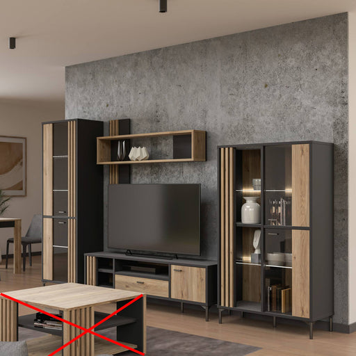Wohnwand JOAKIMIS 4-tlg in Schwarz und Mauvella Eiche Optik mit TV-Board, Wandregal und Vitrinen-Seitenschränken, Gesamtansicht.