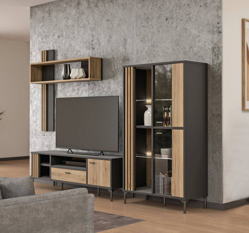 Wohnwand JOAKIMIS 3-tlg. in Schwarz und Mauvella Eiche mit TV-Lowboard, Wandregalen und Vitrinenschrank, Gesamtansicht.
