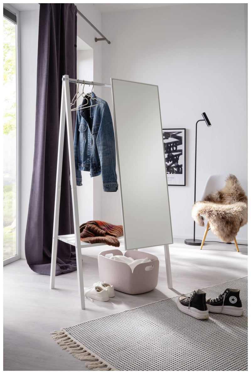 Garderobenständer ELNA 6 mit Spiegel Kleiderständer Holz Fichte Weiß — Trendmöbel24