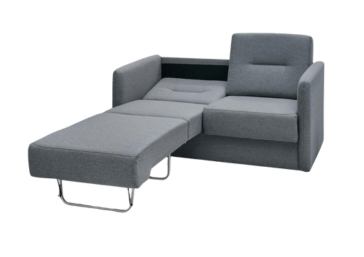 Schlafsofa Funktionssofa REGI in Anthrazit mit ausgezogener Liegefläche und Metallgestell, Gesamtansicht.