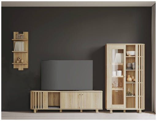Wohnwand RANFLURY 01 in Mauvella Eiche mit Wandregal, TV-Lowboard und Vitrinenschrank in Gesamtansicht.