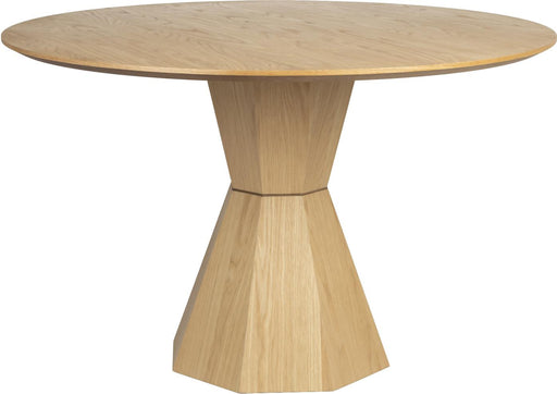 Runder Esstisch LOTUS mit Ø 120 cm Tischplatte aus Eiche furniert und konischem Holzgestell in Gesamtansicht.