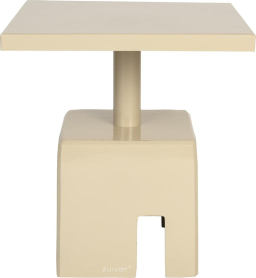 Beistelltisch CHUBBY quadratisch von Zuiver in Beige mit massivem Säulengestell in Seitenansicht.