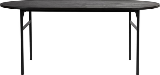 Esstisch MARCIO BLACK, Gesamtansicht einer ovalen Tischplatte in Schwarz mit schlankem schwarzem Holzgestell.