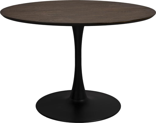 Runder Esstisch RAKU BROWN BLACK mit brauner MDF-Platte und schwarzem Metallfuß in Gesamtansicht.