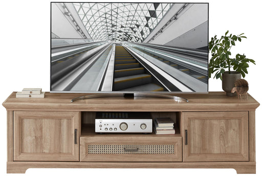 TV Lowboard VIENNA 193 cm in Eiche Nachbildung mit offenen Fächern und seitlichen Türen, Gesamtansicht von vorne.