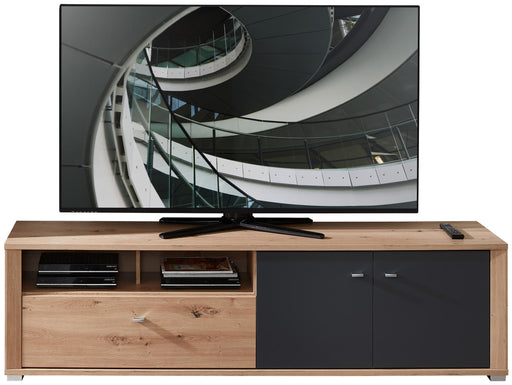 TV Lowboard PABLO 193 cm Eiche – Graphit mit Eiche-Korpus, graphiten Türen und offenem Fachbereich, Gesamtansicht von vorne.
