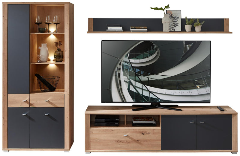 Wohnwand Wohnzimmerschrank PABLO Artisan Eiche und Graphit 3-teilig