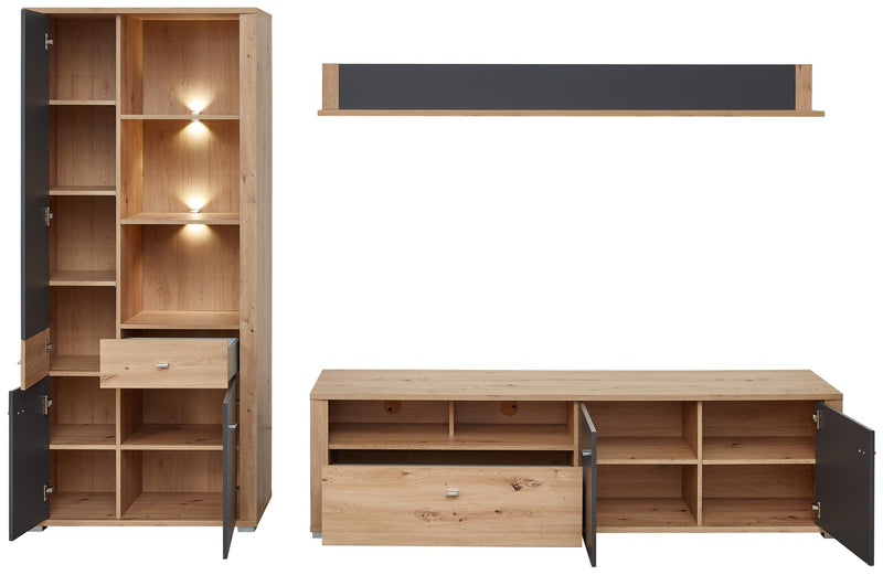 Wohnwand Wohnzimmerschrank PABLO Artisan Eiche und Graphit 3-teilig
