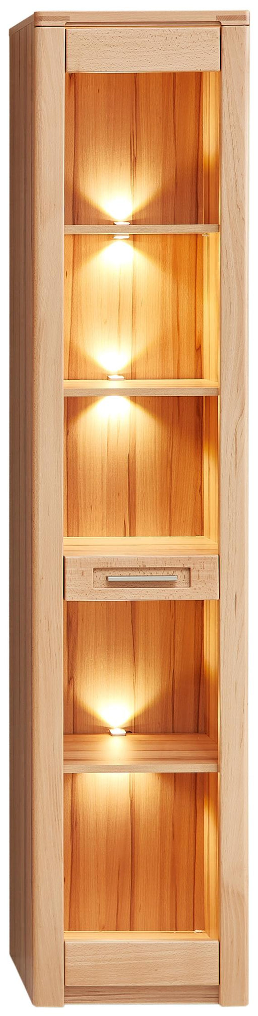 Vitrine 1-türig NATURE ONE Front Kernbuche mit LED, Gesamtansicht der beleuchteten Glasfächer.