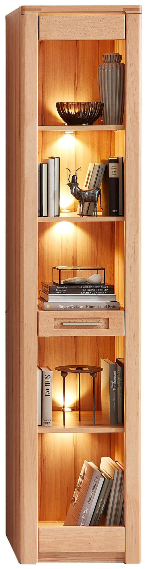 Regal NATURE ONE mit fünf offenen Fächern und LED-Beleuchtung, gefüllt mit Büchern und Dekoobjekten, Frontansicht.