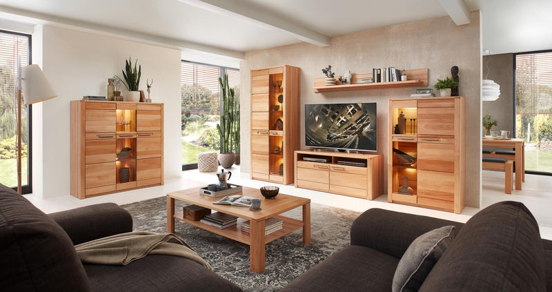 Highboard NATURE ONE Front Kernbuche massiv 3-türig - LED Beleuchtung