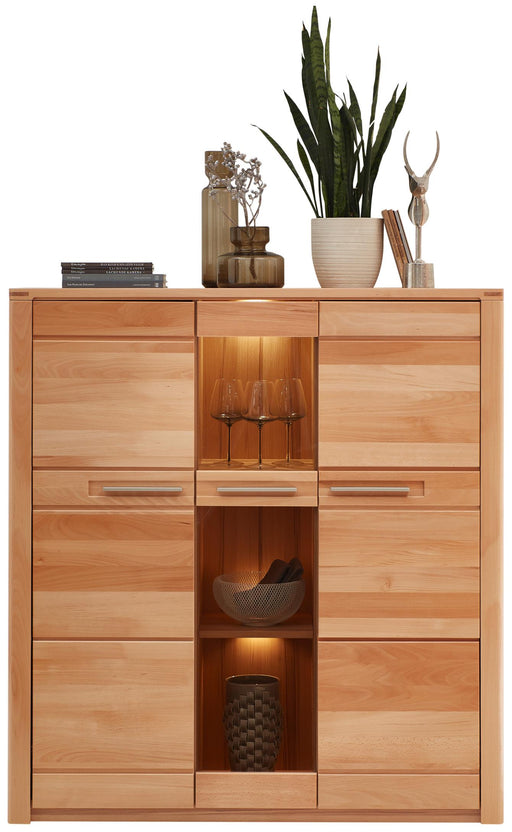 Highboard NATURE ONE Front Kernbuche massiv, 3-türig mit LED Beleuchtung, Gesamtansicht Frontseite.