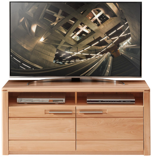 TV Lowboard NATURE ONE 131 cm aus Kernbuche-Massivholz mit zwei offenen Nischen und vier Schubladen, Frontansicht.