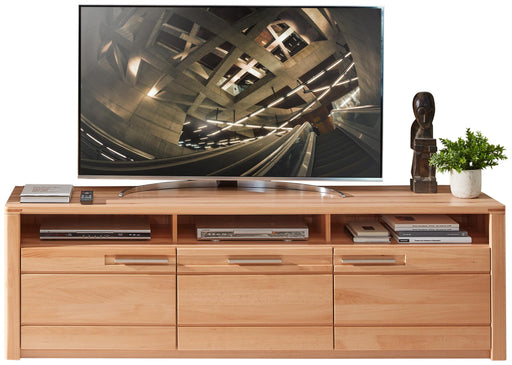 TV Lowboard NATURE ONE 190 cm aus Kernbuche Massivholz mit offenen Fächern und geschlossenen Türen, Gesamtansicht.