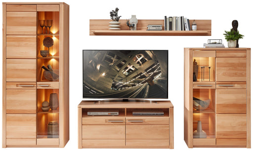 Wohnwand NATURE ONE FF82 vierteilig mit Vitrinenschrank, Wandregal, TV-Lowboard und Sideboard aus Kernbuche.