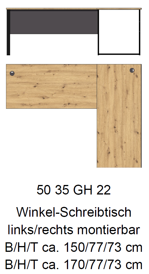 Winkel-Schreibtisch MEMPHIS Artisan Eiche - Metallgestell 229 x 170 cm