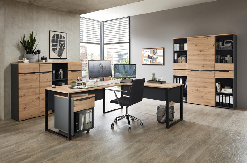 Büroregal MEMPHIS mit 2 Schubkästen Front Artisan Eiche Korpus Graphit