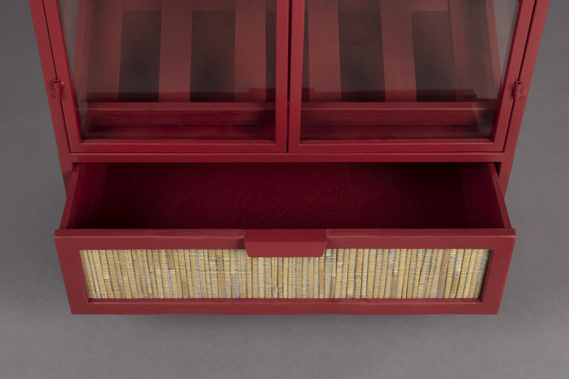Weinschrank Weinregal MORI Vitrine aus Metall Rot mit Rattanschublade
