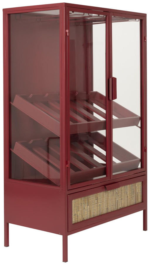 Weinschrank Weinregal MORI Vitrine aus Metall Rot mit Rattanschublade