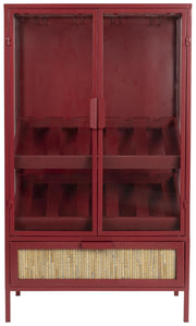 Weinschrank Weinregal MORI Vitrine aus Metall Rot mit Rattanschublade