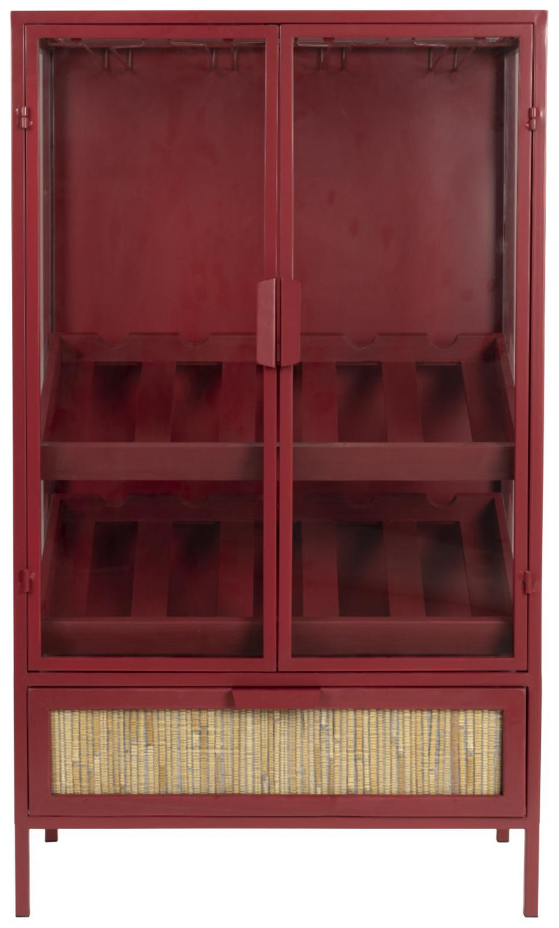 Weinschrank Weinregal MORI Vitrine aus Metall Rot mit Rattanschublade