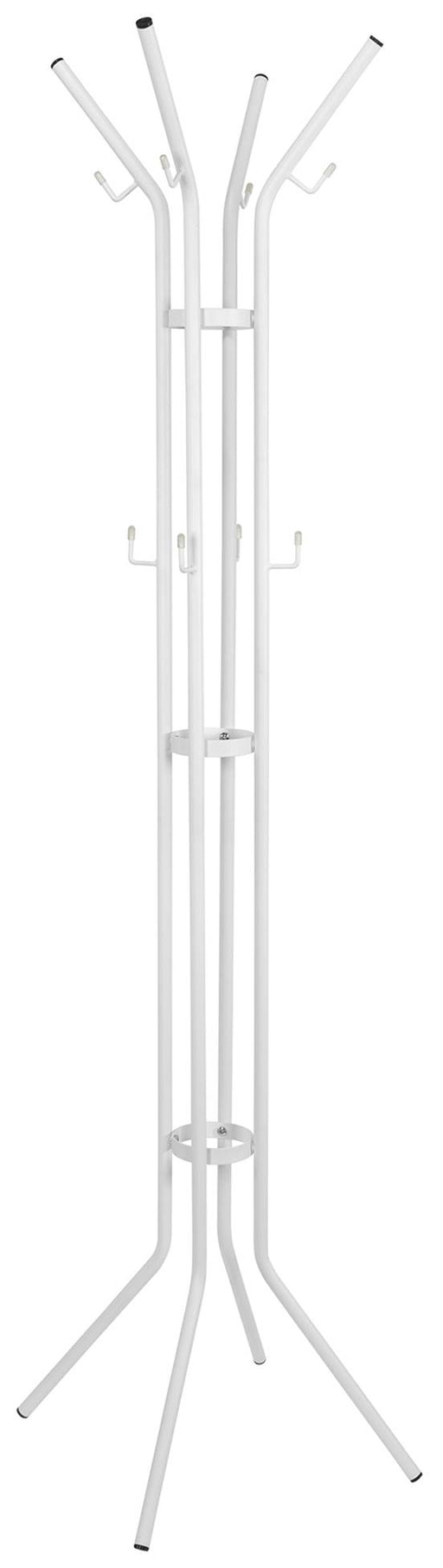 Design Kleiderständer JESSY Weiß in Gesamtansicht mit vier aufsteigenden Rohren und Haken oben sowie Standfüßen unten.