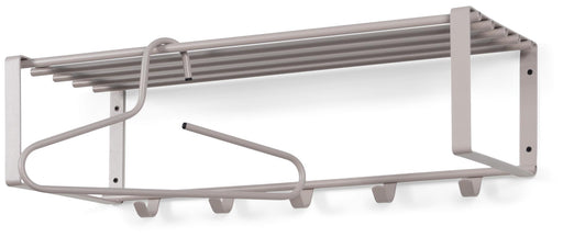 Garderobe Rex 2 Farbton Silky Taupe in Gesamtansicht mit ausziehbarem Kleiderstab und vier Haken.