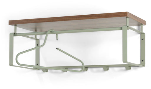 Wandgarderobe REX 3 Dusty Green mit grünem Metallgestell, Holzablage und fünf Haken in Gesamtansicht.